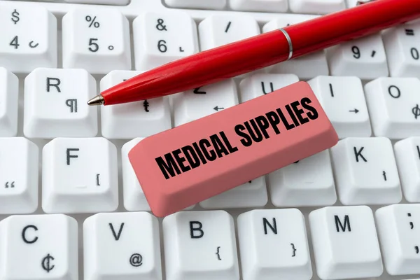 Writing displaying text Medical Supplies. Business showcase Items necessary for treatment of illness or injury Downloading Online Files And Data, Uploading Programming Codes — Stock Photo, Image