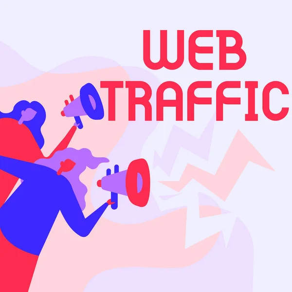 Text sign showing Web Traffic. Conceptual photo amount of web users and attempted visit measured of a website Women Drawing Holding Megaphones Making Announcement To The Public. — Stock Fotó