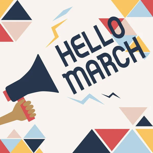 Conceptual display Hello March. Word for a greeting expression used when welcoming the month of March Illustration Of Loud Megaphone Making Announcement To The Public. — Stock Fotó