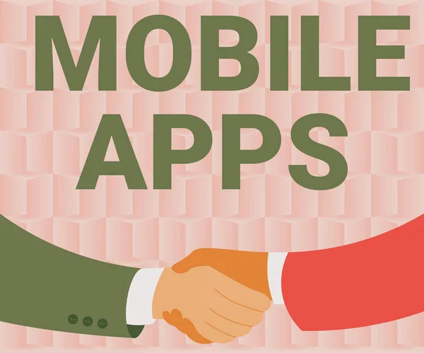 Inspiráció mutató jel Mobile Apps. Üzleti áttekintés egy szoftver alkalmazás célja, hogy fut a kézi eszközök Két férfi rajz papír háttér Shake Hands bemutató megállapodás — Stock Fotó