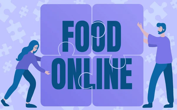 Handschrift Food Online. Business concept verscheidenheid van voedsel opgezet in een website direct geleverd door de winkel Collega 's Tekenen passen vier stukjes puzzel samen Teamwork. — Stockfoto