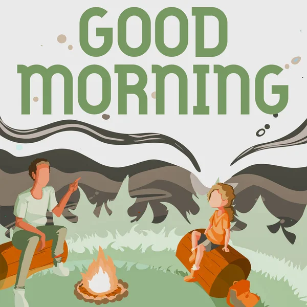 Text showing inspiration Good Morning. Word Written on happy day message and inspirational with a smile and love Father And Daughter Sitting Next To Campfire Enjoying Camping At The Park — стоковое фото