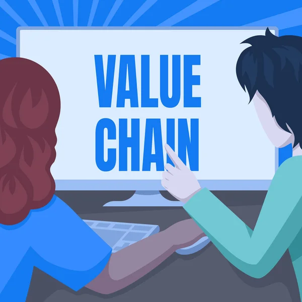 가치 사슬 (Value Chain) 은 다음을 가리킨다. 개념적 의미의 일련의 기능적 인 활동들 이 데스크톱을 사용하여 제품을 더 가치있게 만드는 부부 그림그들의 작업을 수행하는 컴퓨터. — 스톡 사진