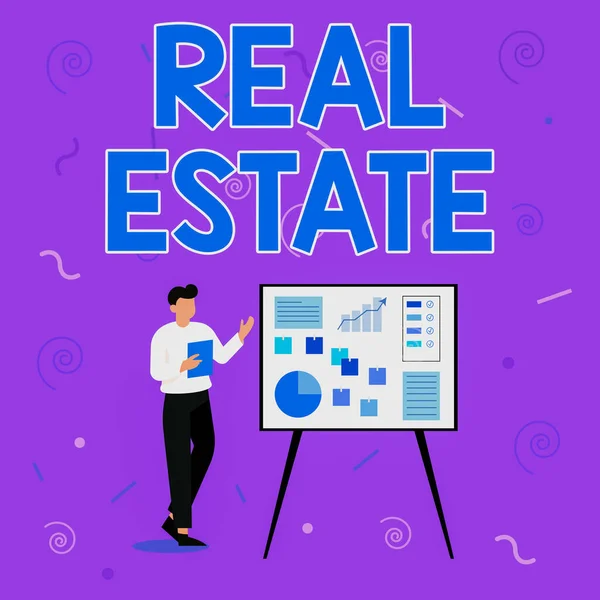 Writing displaying text Real Estate. Concept meaning total property consisting of both natural resource and building Businessman Drawing Standing Presenting Ideas For Their Success. — Fotografia de Stock