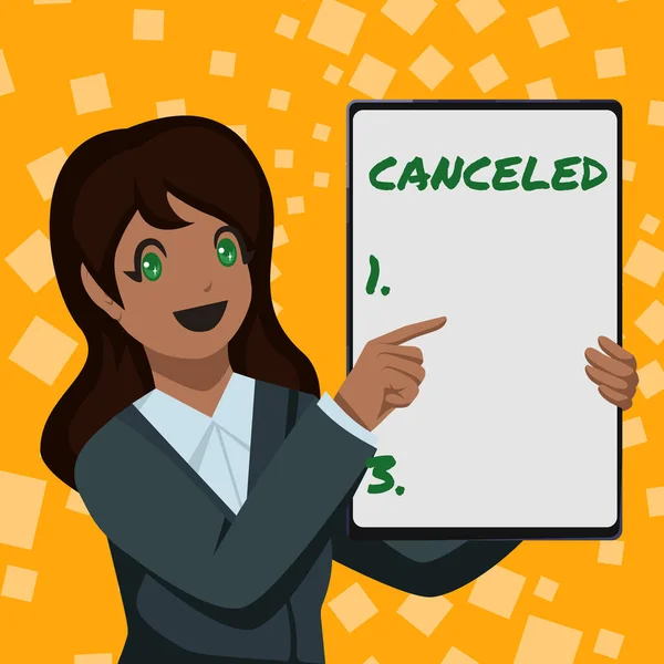 Conceptual display Canceled. Concept meaning to decide not to conduct or perform something planned or expected Business Woman Drawing Holding Blank White Board Presenting Announcements — Zdjęcie stockowe