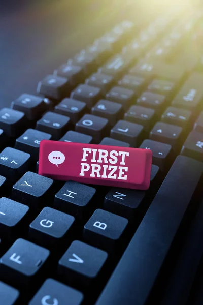 Text sign showing First Prize. Business showcase most coveted prize that is only offered to the overall winner Abstract Drafting A Binding Contract, Creating Antivirus Codes — 图库照片