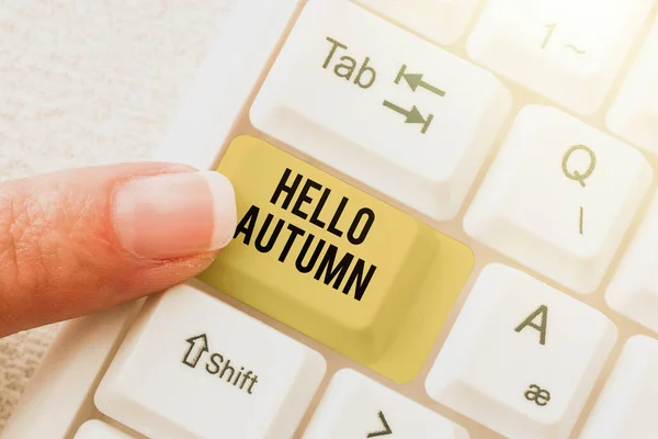 Text sign showing Hello Autumn. Business showcase that weather begins to get colder and trees shed their leaves Connecting With Online Friends, Making Acquaintances On The Internet — Fotografia de Stock