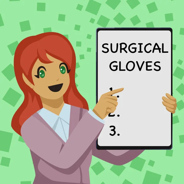 Text caption presenting Surgical Gloves. Business concept to protect from the exposure to infectious materials Business Woman Drawing Holding Blank White Board Presenting Announcements — Fotografia de Stock