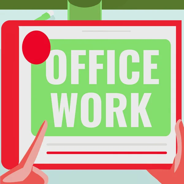 Sign displaying Office Work. Conceptual photo a work that primarily happens in the office environment Illustration Of A Hand Using Big Tablet Searching Plans For New Amazing Ideas — Foto Stock