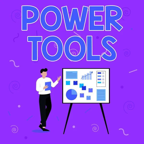 Conceptual display Power Tools. Business approach tools powered by an electric motor mostly used for manual labor Businessman Drawing Standing Presenting Ideas For Their Success. — Stock Photo, Image