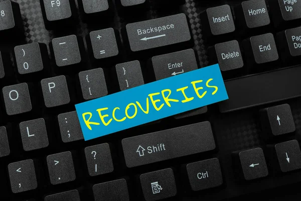 Text sign showing Recoveries. Business approach process of regaining possession or control of something lost Typing New Email Titles Concept, Drafting Internet Article Ideas — 图库照片