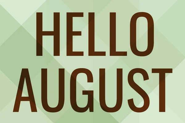 Writing displaying text Hello August. Conceptual photo a positive greeting for the month of summertime season Line Illustrated Backgrounds With Various Shapes And Colours. — Stock Photo, Image