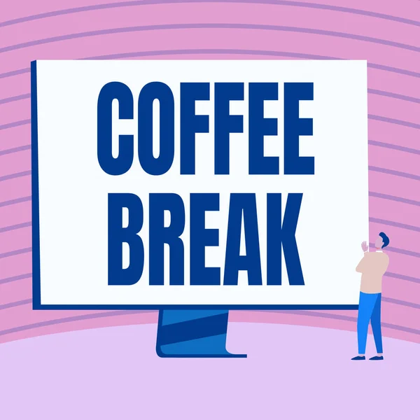 Text sign showing Coffee Break. Word for short time allotted for drinking coffee without doing any work Man Standing Drawing Looking At Large Monitor Display Showing News. — Stock Fotó