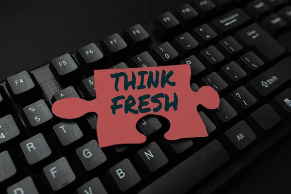 Text caption presenting Think Fresh. Conceptual photo a new perspective of thinking when producing ideas and concepts Typing Image Descriptions And Keywords, Entering New Internet Website — Stock Fotó