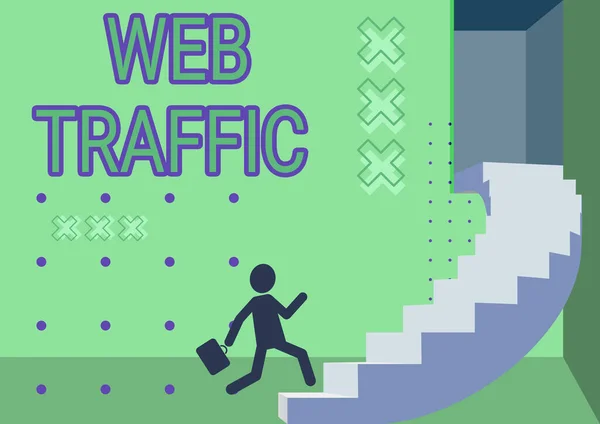 Text showing inspiration Web Traffic. Internet Concept amount of web users and attempted visit measured of a website Gentleman In Suit Running Upwards On A Large Stair Steps Showing Progress. — стоковое фото