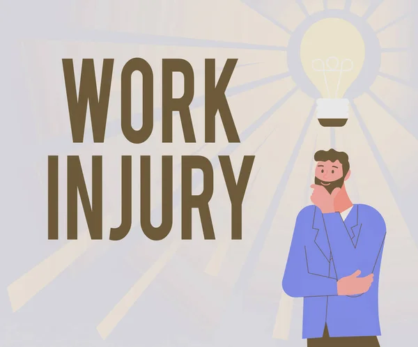 Text sign showing Work Injury. Internet Concept an accident occurred as a result of labor resulting to an damage Illustration Of A Man Standing Coming Up With New Amazing Ideas. — Fotografia de Stock