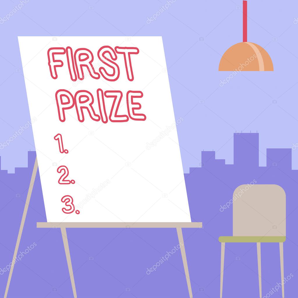 Text showing inspiration First Prize. Word Written on most coveted prize that is only offered to the overall winner Empty Portrait Artwork Design With Skyscrapers Behind Showing Art Subject.
