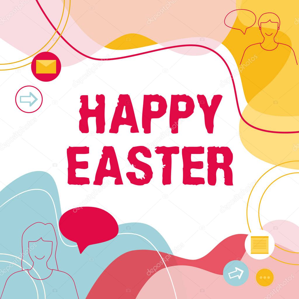 Conceptual display Happy Easter. Word Written on a celebration of the resurrection of Jesus Christ from at sunrise Illustration Couple Speaking In Chat Cloud Exchanging Messages.