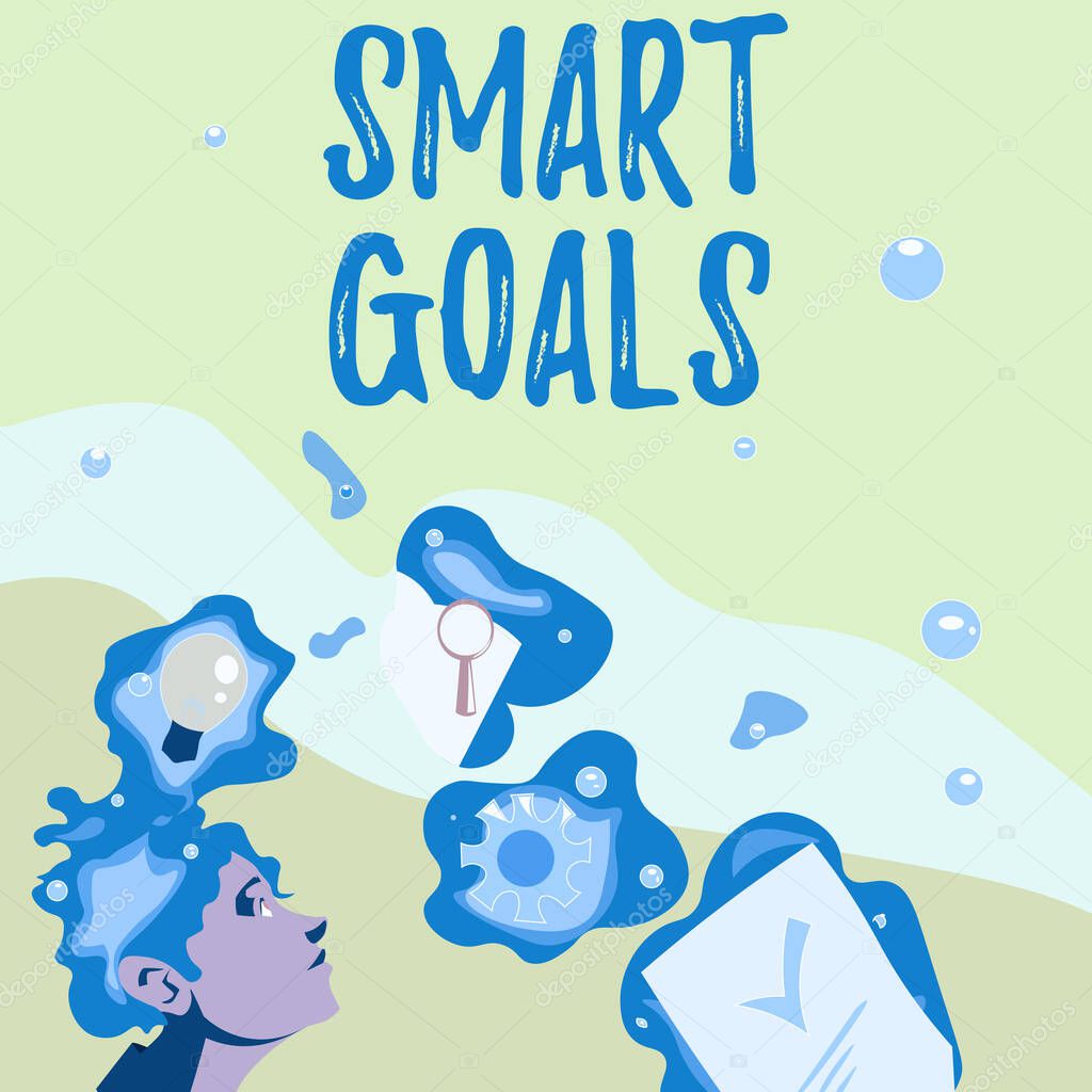 Handwriting text Smart Goals. Business approach mnemonic used as a basis for setting objectives and direction Illustration Of A Man Standing Coming Up With New Amazing Ideas
