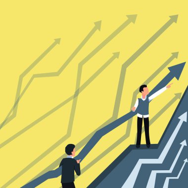 Daha İyi Finansal Plan İçin İşbirlikçi İki İşadamına Yol Gösteren Oklar. Piyasada Olumlu Başarı Öngören Meslektaşlar Birlikte Çalışıyor.