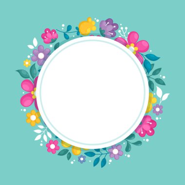 Renkli çiçekler ve ahenkli düzenlenmiş yeşilliklerle süslenmiş boş bir çerçeve. Boş Poster Sınırı Çevrili Çok Renkli Buket Düzenli Keyifle.