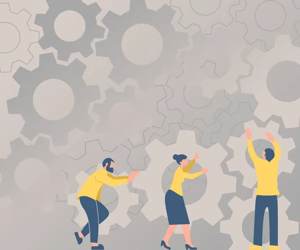 Drie collega 's dragen Cogwheels regelen Nieuwste workflow bereiken Teamwork. Partners Holding Gears Het opzetten van toekomstige systemen Presenteren van gecombineerde inspanningen. — Stockvector