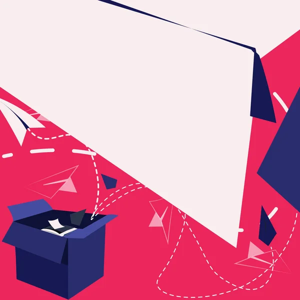 Caja abierta con aviones de papel volador que presentan nuevas ideas libres. Jaula expuesta Cometas flotantes de origami hacia el cielo — Archivo Imágenes Vectoriales