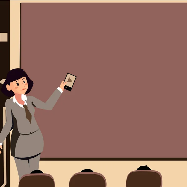 Woman Holding Remote Control Presenting Latest Ideas On Backdrop Screen. Lady Standing In Front Board Giving Presentation Displaying Future Project Strategy Plans. — Wektor stockowy