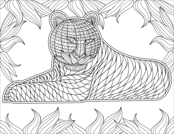 Tigre línea de dibujo rodeado con marco de flores para el libro de colorear detallado — Vector de stock