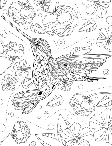 Hummingbird Eating Flower Syrup With Flowers And Roses Surrounding Line Drawing Coloring Book — Stock vektor