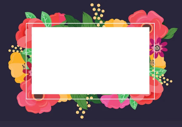 Blank Frame Decorated With Colorful Flowers And Foliage Arranged Harmoniously. Empty Poster Border Surrounded By Multicolored Bouquet Organized Pleasantly. — Stock vektor