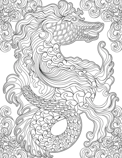 Dragon Line Drawing For Coloring Book With Detaied Inside. idea — Stock Vector
