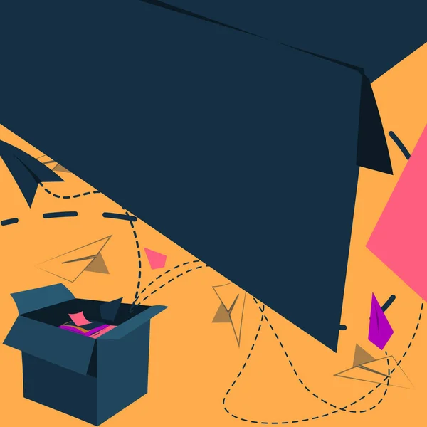 Caja abierta con aviones de papel volador que presentan nuevas ideas libres. Jaula expuesta Cometas flotantes de origami hacia el cielo — Archivo Imágenes Vectoriales
