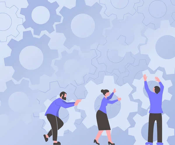 Drie collega 's dragen Cogwheels regelen Nieuwste workflow bereiken Teamwork. Partners Holding Gears Het opzetten van toekomstige systemen Presenteren van gecombineerde inspanningen. — Stockvector