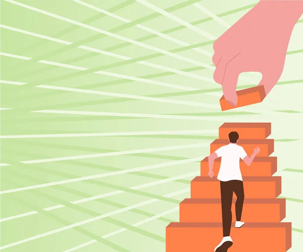 Gentleman Climbing Up Stair Case Trying To Reach Goals Hand Helping Representing Teamwork. Man Running Upwards Big Stairs Defining Progress And Improvement. —  Vetores de Stock