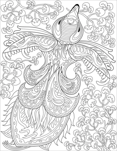 Beautiful Bird With Big Feather Tail Surrounded With Butterflies Surrounding Line Drawing For Coloring Book — Vector de stock