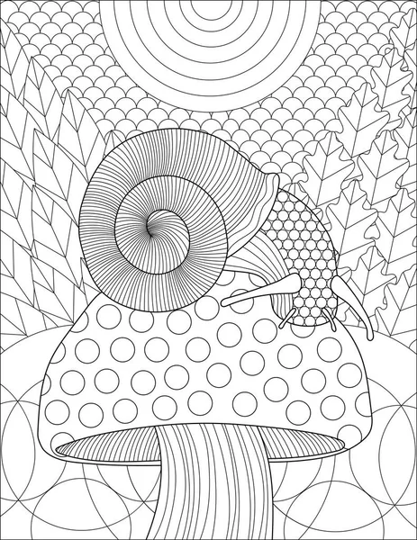 Snail Sitting Top Of Mushroom After Rain Line Drawing With Detailed Pattern Background Coloring Book — Stock Vector