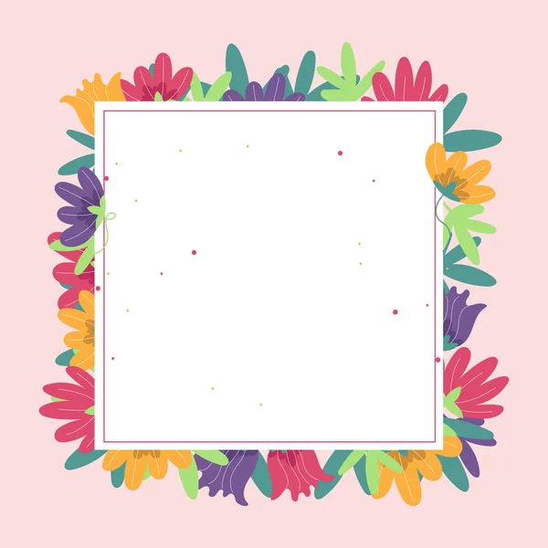 Blank Frame Decorated With Colorful Flowers And Foliage Arranged Harmoniously. Empty Poster Border Surrounded By Multicolored Bouquet Organized Pleasantly. — Stock Vector