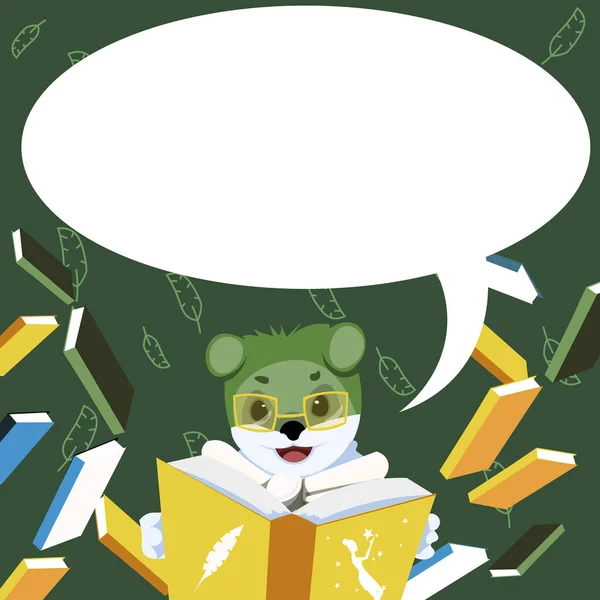 Fox avec des lunettes assis dans la bibliothèque lisant un livre entouré de livrets volants. Littérature éduquant étudiant en nœud papillon. Diplômé Holding Encyclopédie Étudier. — Image vectorielle