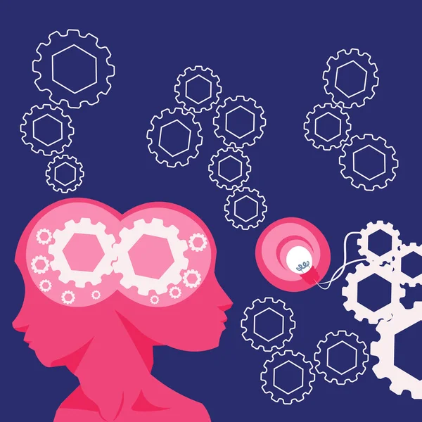 Duas cabeças com golpes mostrando ideias de tecnologia. Engrenagens em Símbolos Cerebrais Design exibindo Ideia Mecânica e Técnica. —  Vetores de Stock