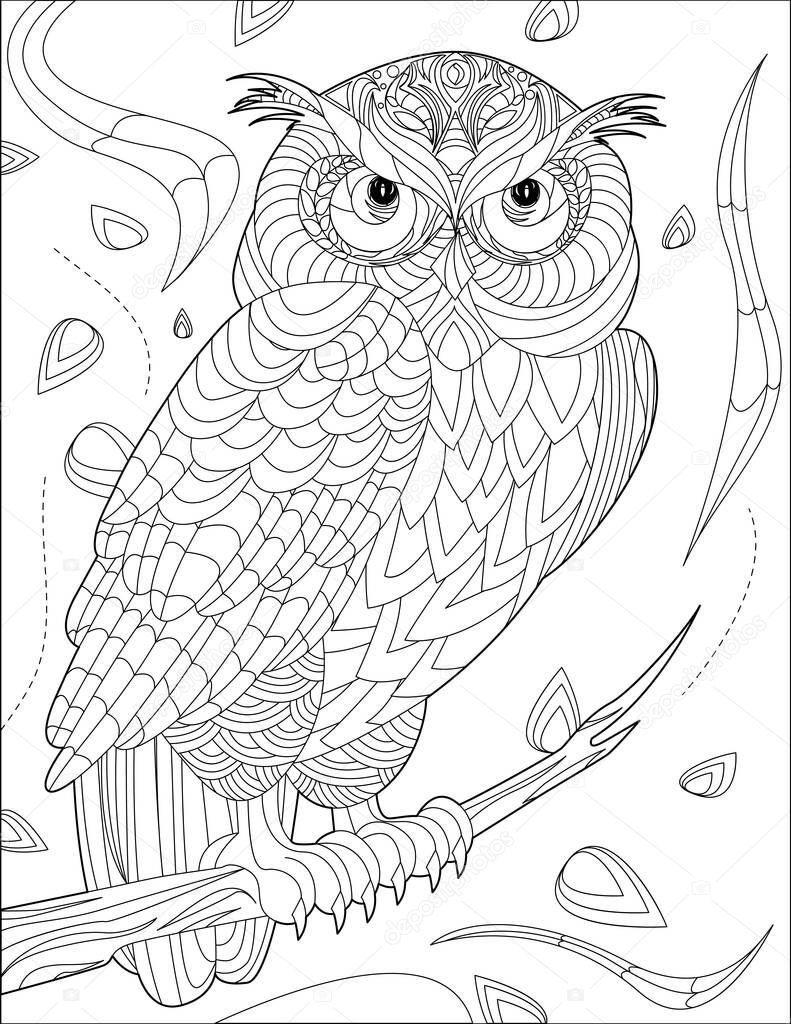 Owl Standing On Tree Branch With Geometric Details Line Drawing For Coloring Book