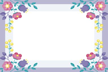 Renkli çiçekler ve ahenkli düzenlenmiş yeşilliklerle süslenmiş boş bir çerçeve. Boş Poster Sınırı Çevrili Çok Renkli Buket Düzenli Keyifle.