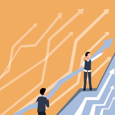 Daha İyi Finansal Plan İçin İşbirlikçi İki İşadamına Yol Gösteren Oklar. Piyasada Olumlu Başarı Öngören Meslektaşlar Birlikte Çalışıyor.