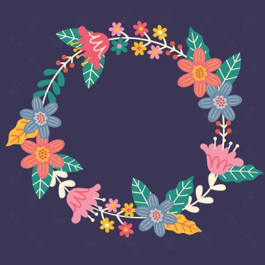 Renkli çiçekler ve ahenkli düzenlenmiş yeşilliklerle süslenmiş boş bir çerçeve. Boş Poster Sınırı Çevrili Çok Renkli Buket Düzenli Keyifle.