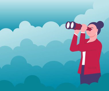 Etrafı bulutlarla çevrili bir kadın el teleskopuyla bakıyor ve yeni fırsatlar görüyor. Lady Outdoor Dürbünü kullanarak Geleceğin Hedeflerini İzliyor.