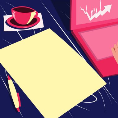 Laptop, kahve fincanının ve çalışma sürecinin yanındaki masada dinleniyor. Minibilgisayar, uzak görev projelerini gösteren kağıtla birlikte Kupa 'nın yanındaki masanın üstüne oturdu.