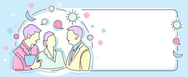 Üç meslektaşım konuşma balonlarıyla düşüncelerini paylaşıyor ve çeşitli S. takım arkadaşları iş yerinde yeni başarı hikayelerini paylaşıyor..