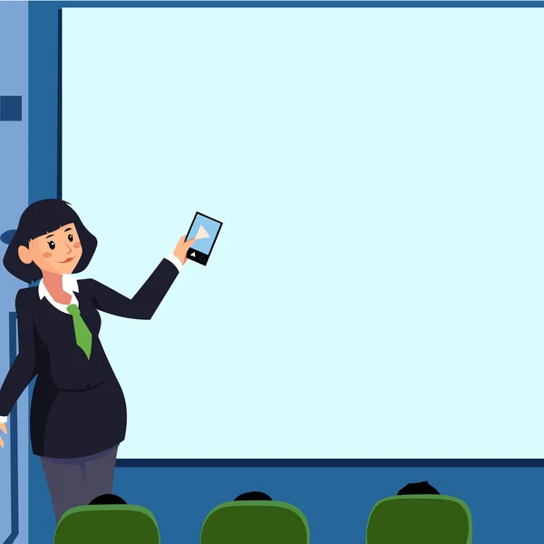 Woman Holding Remote Control Presenting Latest Ideas On Backdrop Screen. Lady Standing In Front Board Giving Presentation Displaying Future Project Strategy Plans. —  Vetores de Stock