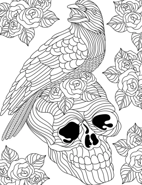 Raven Line Drawing Standing On Skull Surreounded With Flowers Tattoo Coloring Book — стоковый вектор