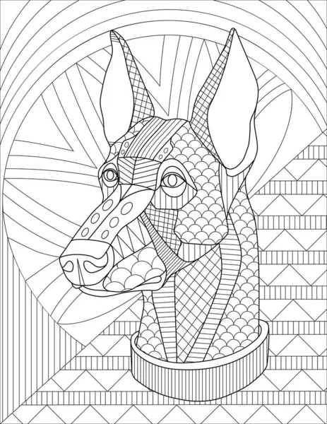 Dibujo de línea de cara de perro con detalles geométricos y fondo de patrón Libro para colorear — Vector de stock